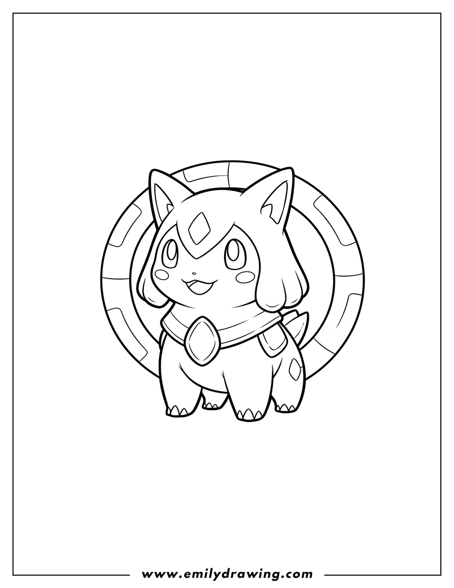 Clean line drawing: kawaii Chibi Arceus standing, looking forward