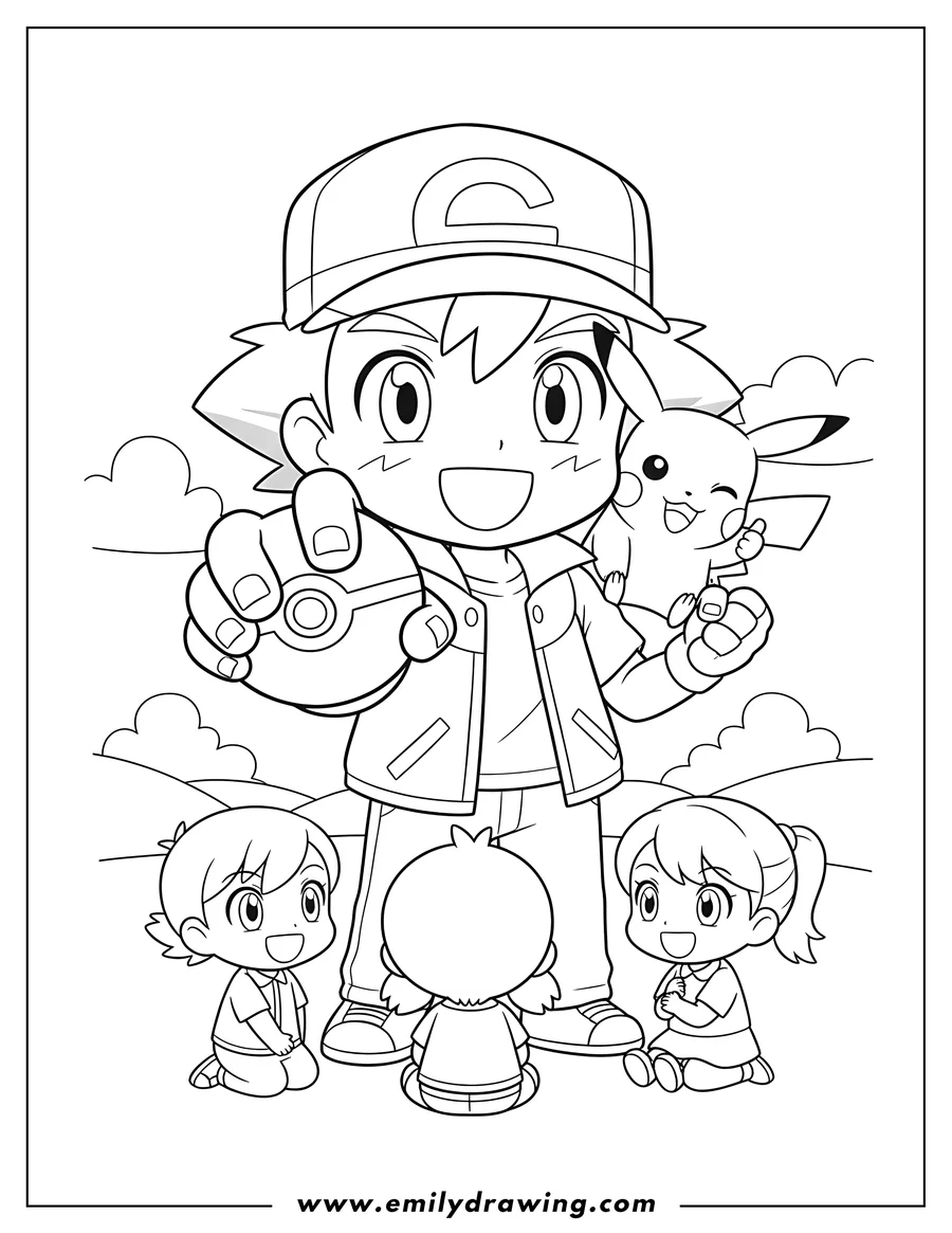 Outline drawing of kawaii Chibi Ash Ketchum holding a Pokeball forward with a clenched fist and a happy expression, Preschoolers