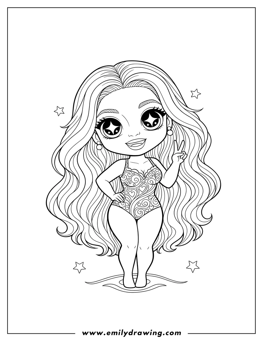 Doodle style coloring picture of kawaii Chibi Beyonce with long wavy hair, big sparkling eyes, wearing a swimsuit