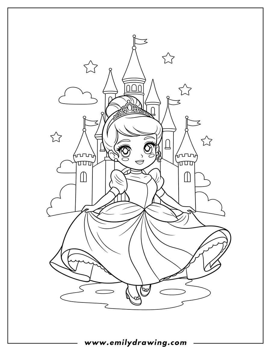 High quality printable kawaii Chibi Cinderella twirling in a ball gown outside castle for coloring