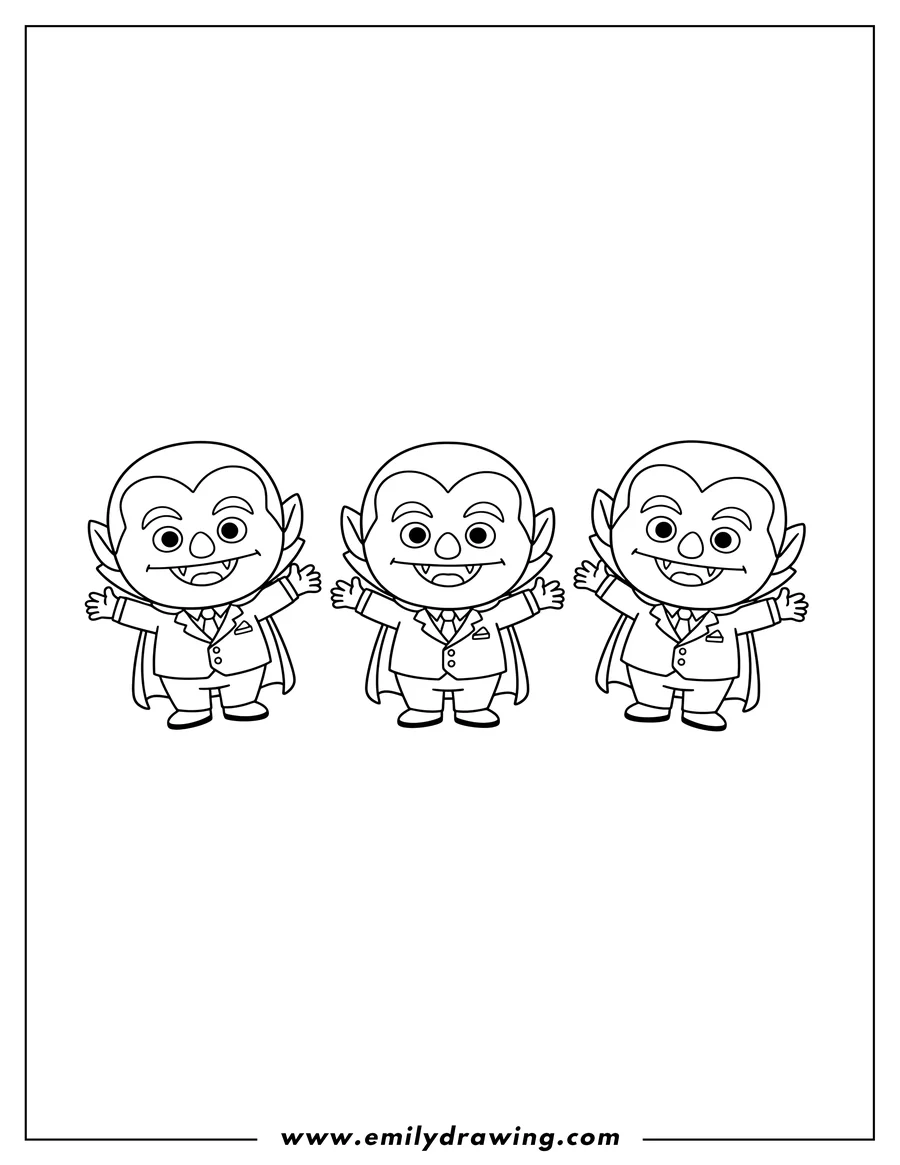 Doodle style coloring picture of kawaii Chibi Count Von Count Preschoolers, smiling with fangs, arms outstretched
