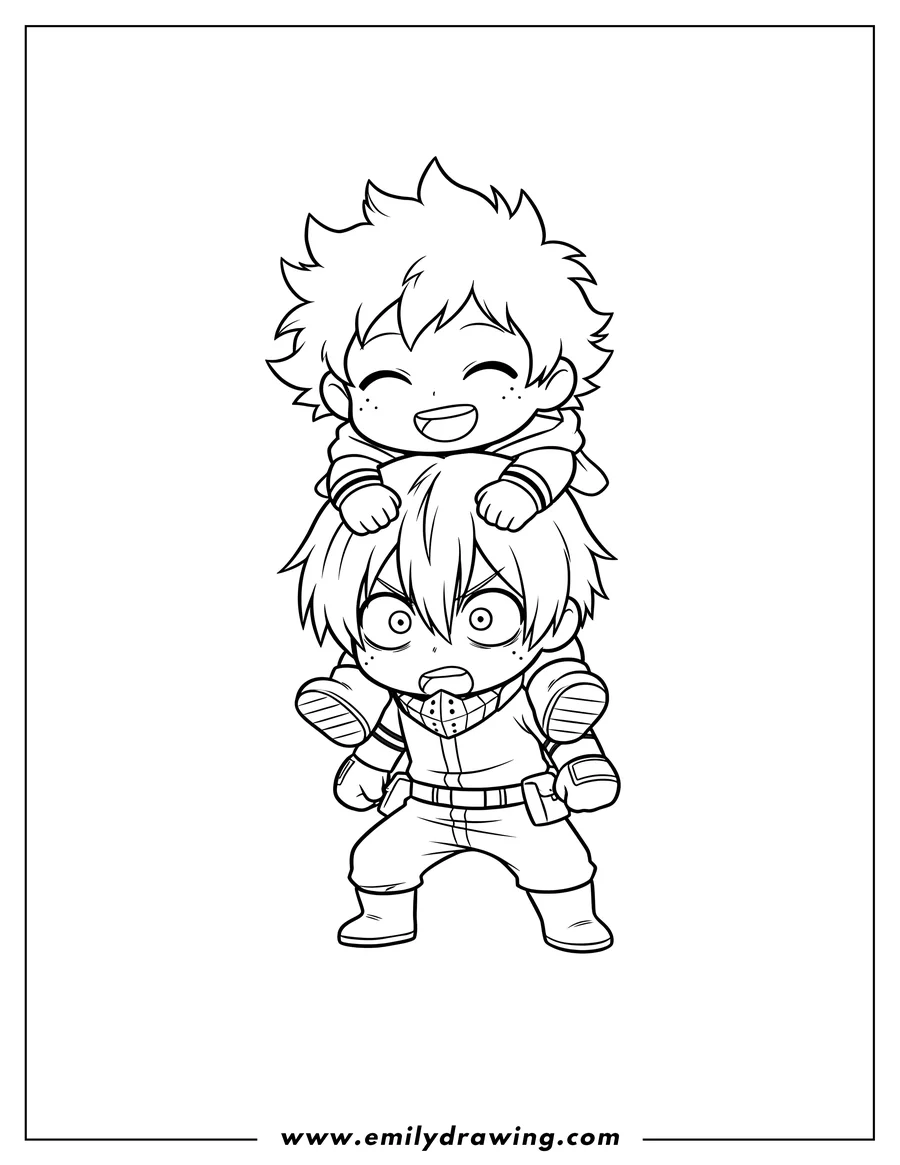 Coloring sheet featuring kawaii Chibi Deku piggyback riding on Shoto Todoroki, who looks surprised