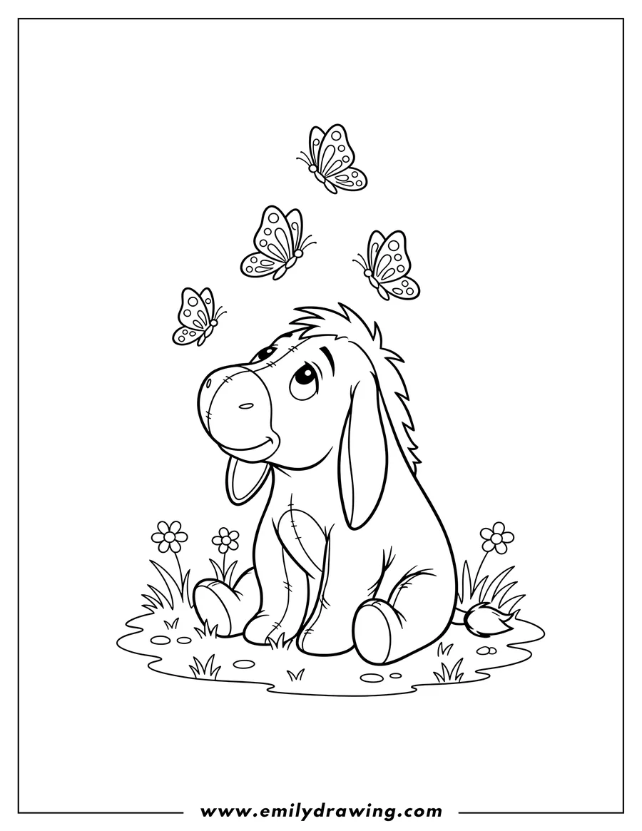 Printable line art of kawaii Chibi Eeyore Sitting On Grass with small flowers, looking up at butterflies