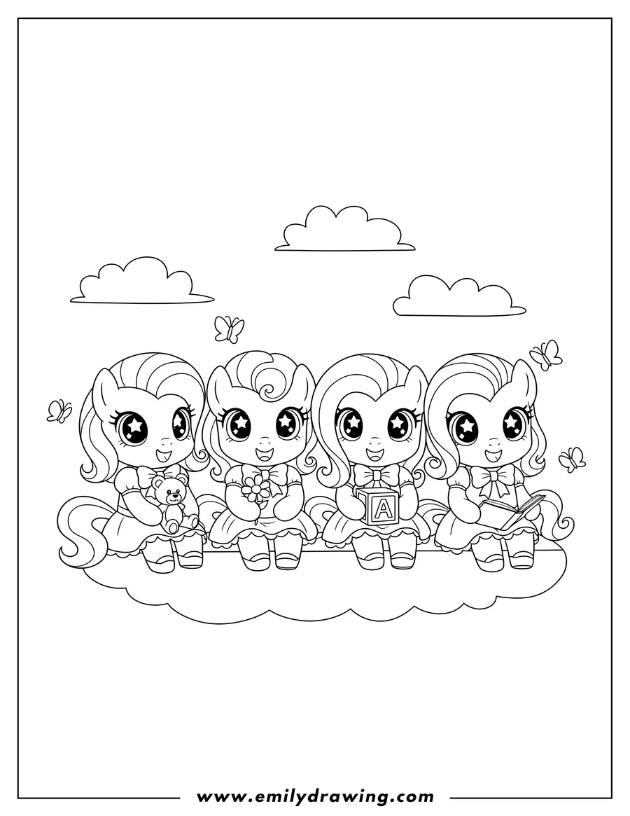 Printable line art of kawaii Chibi Fluttershy Preschoolers, sitting, smiling happily, with sparkling eyes