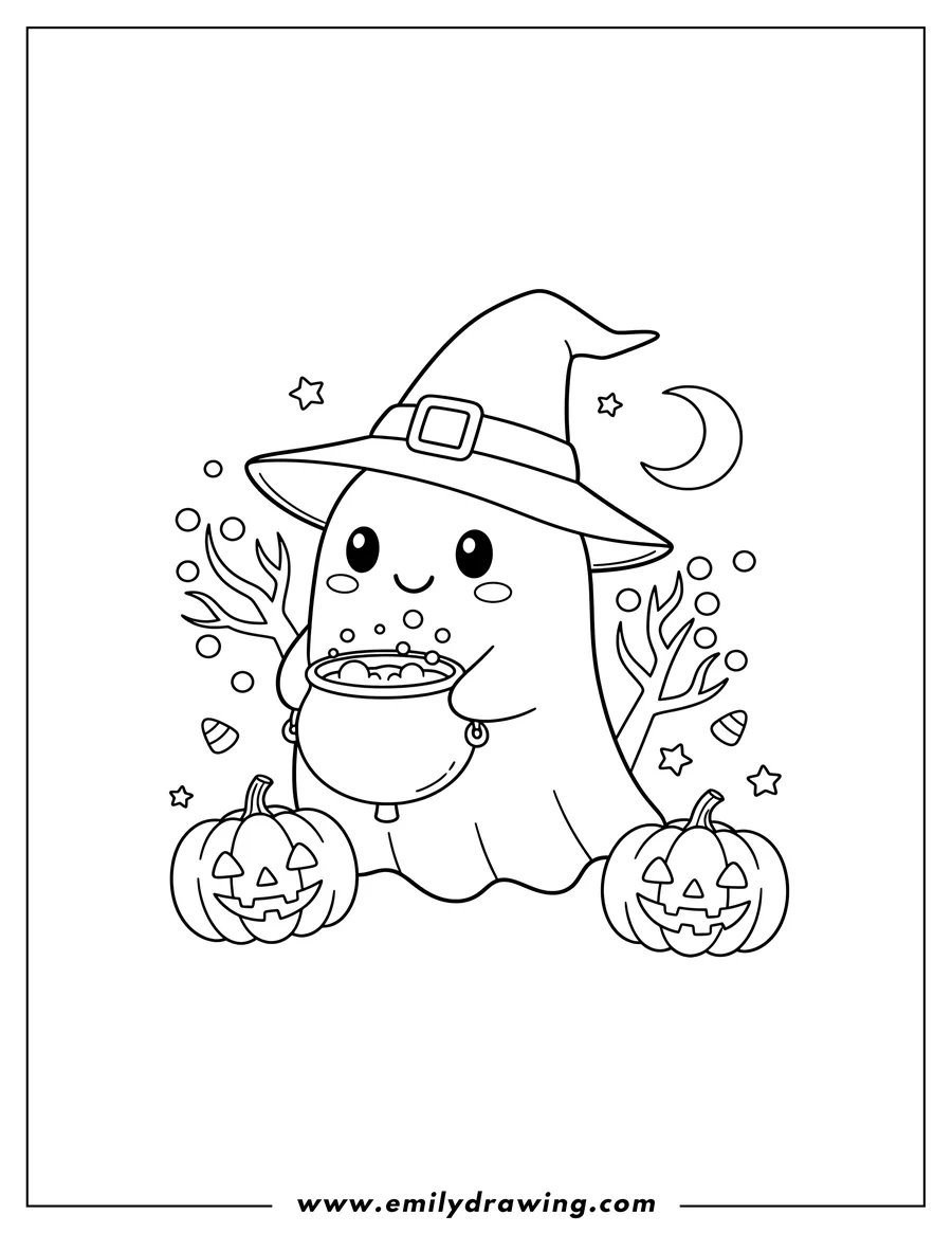Outline drawing of kawaii Chibi Ghost Trick Or Treating, wearing a witch's hat, holding a bubbling cauldron, and with jack-o'-lanterns