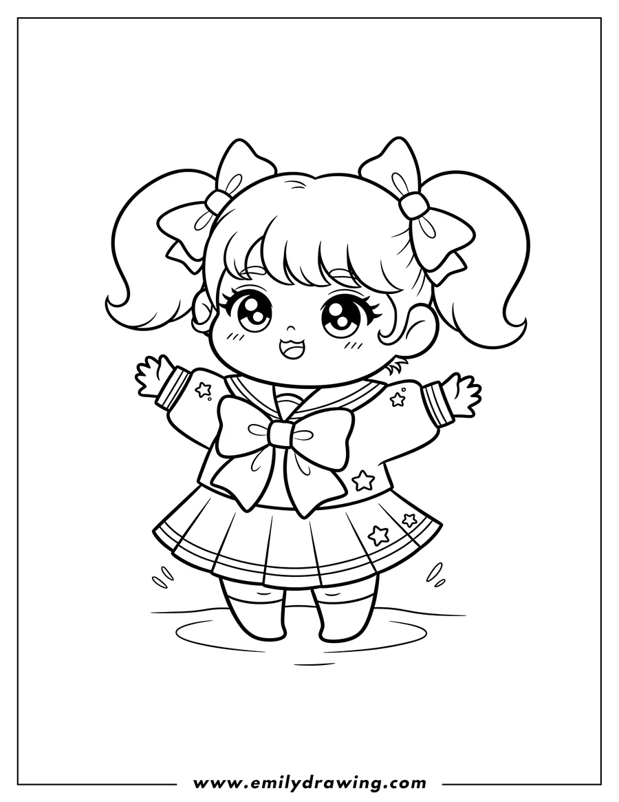 Vector style outline of kawaii Chibi Girl Pigtails in a sailor uniform with a bow