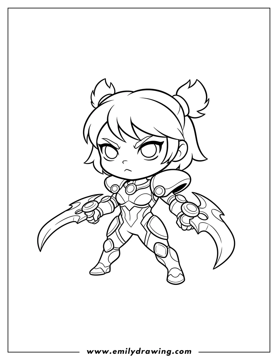 Linear illustration of kawaii Chibi Kai Sa wielding arm blades with a determined expression