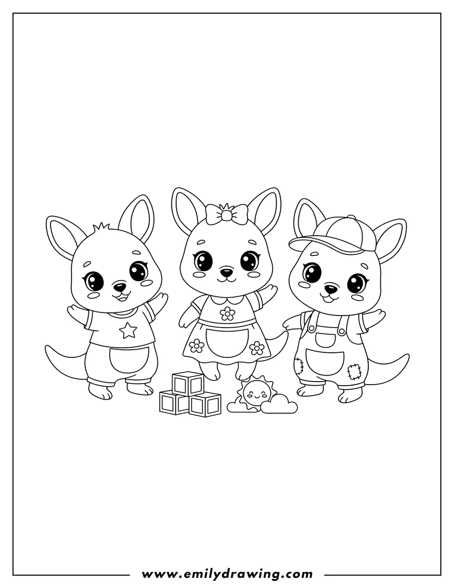 Simple sketch of kawaii Chibi Kangaroo Preschoolers, standing with a pouch and front paws slightly raised to color