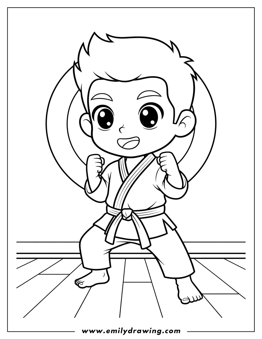 Free to print drawing of kawaii Chibi Karate Boy in a karate stance with raised fists