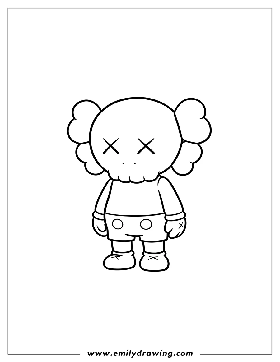 Black and white line art of kawaii Chibi Kaws Companion with X eyes, standing, for preschoolers