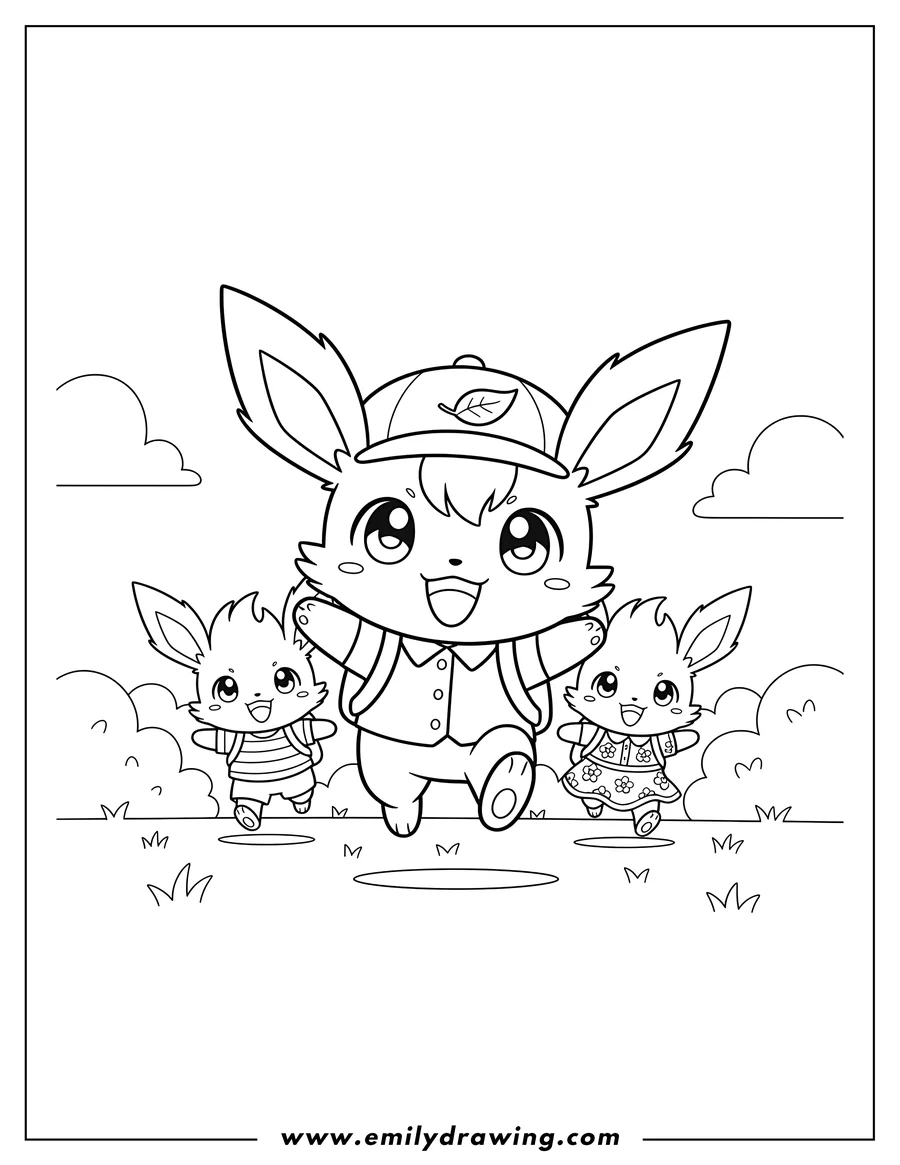 Coloring sheet featuring kawaii Chibi Leafeon Preschoolers running