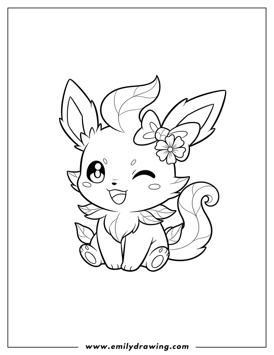 Simple sketch of kawaii Chibi Leafeon Winking, sitting, and wearing a bow to color