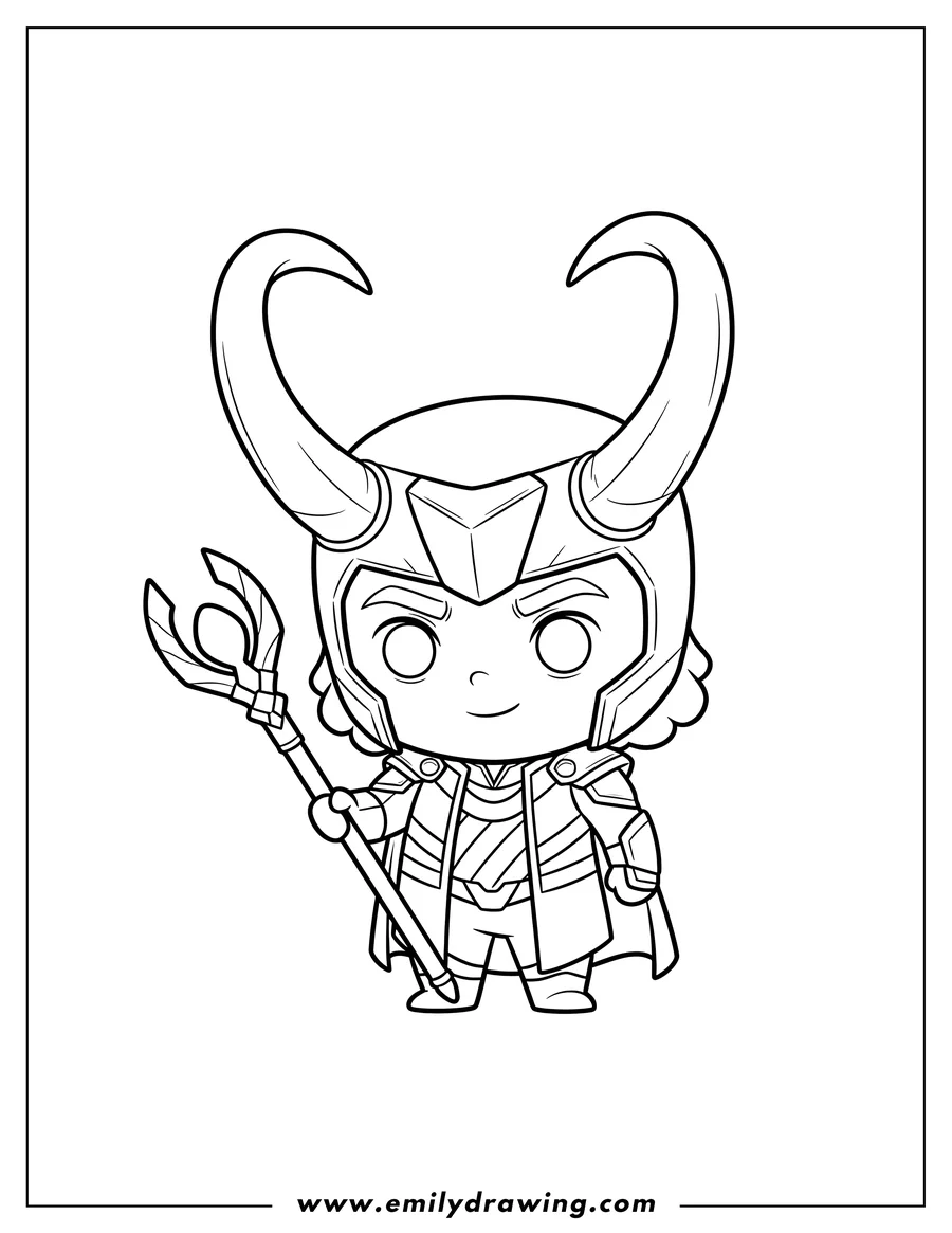 Clean line drawing: kawaii Chibi Loki wearing a horned helmet and holding a scepter