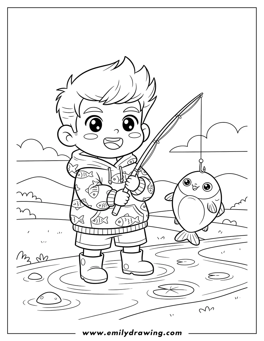 Black and white line art of kawaii Chibi Man Holding Fishing Rod Front River, smiling with a fish on the hook