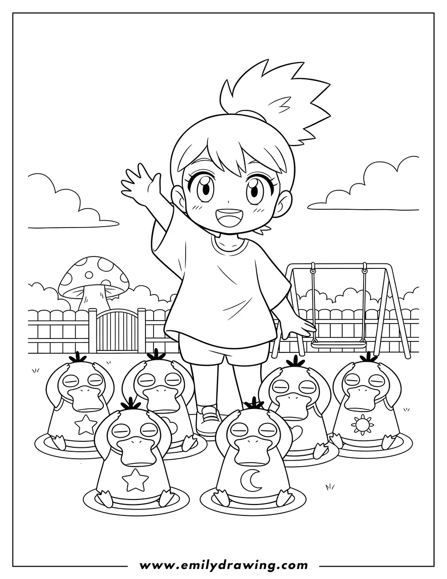 Vector style outline of kawaii Chibi Misty smiling and raising one hand, with Psyduck Preschoolers