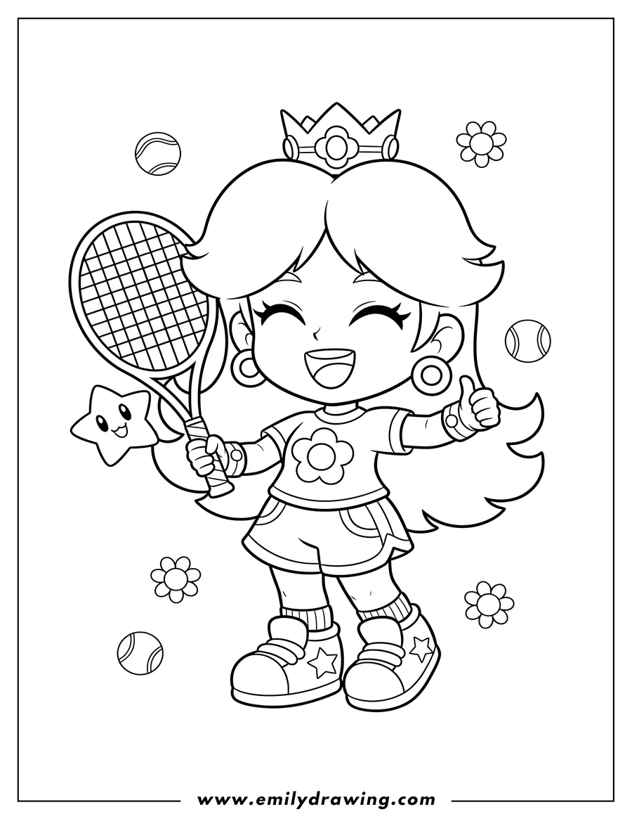 Printable coloring page of kawaii Chibi Princess Daisy wearing shorts and sneakers, smiling, and holding a tennis racket for preschoolers