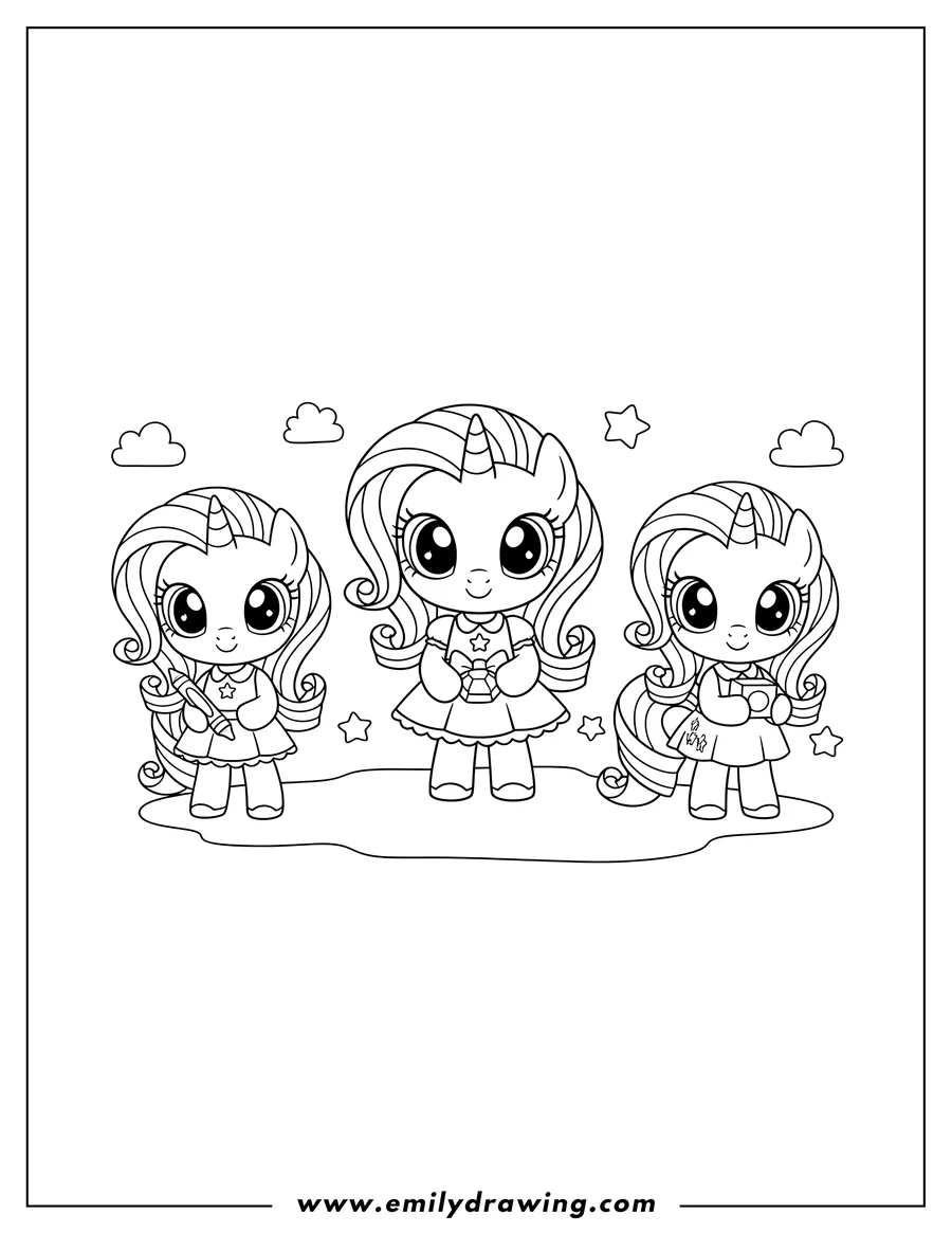 Coloring page for kids: kawaii Chibi Rarity Preschoolers, standing and smiling playfully