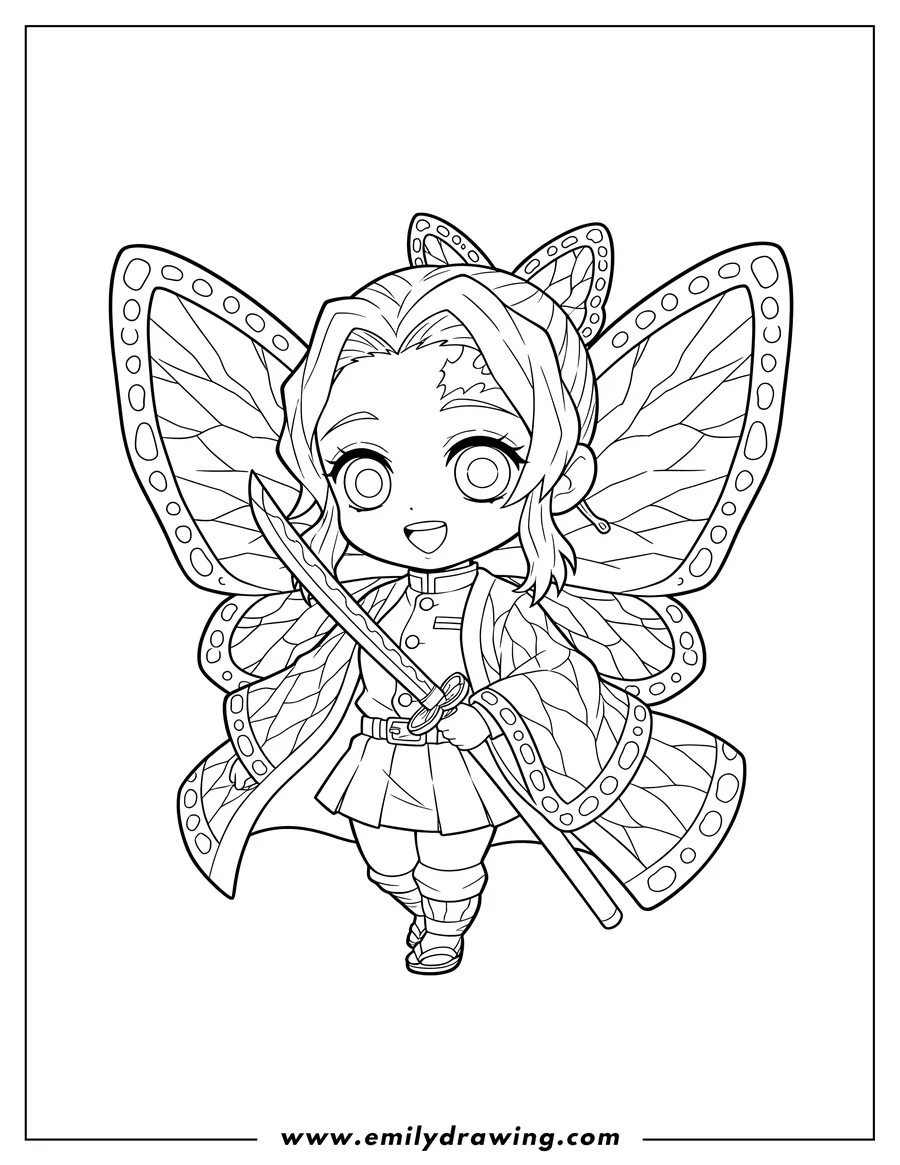Coloring page of kawaii Chibi Shinobu Kocho with large butterfly wings and a sword