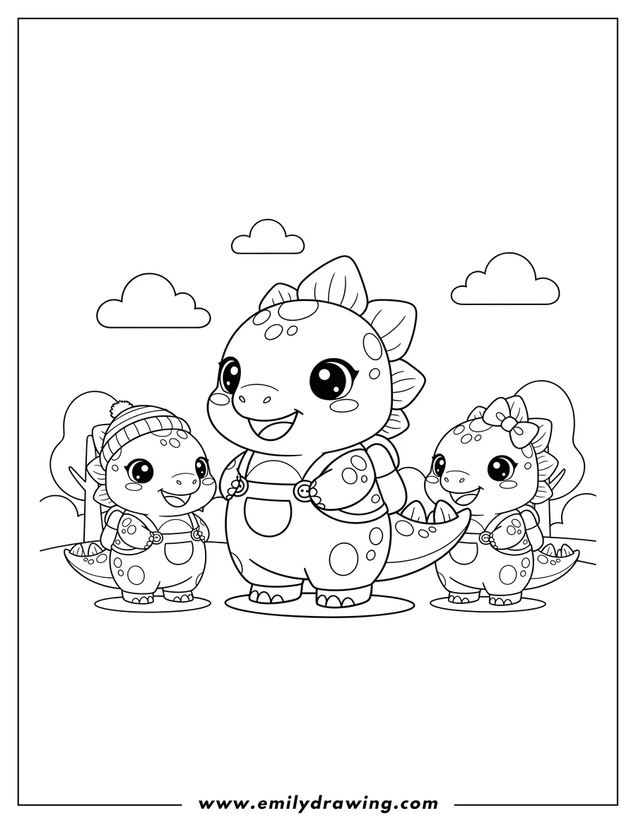 Doodle style coloring picture of kawaii Chibi Stegosaurus Preschoolers, smiling, with spots