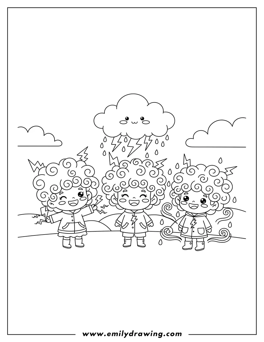 Outline drawing of kawaii Chibi Storm Preschoolers, with big curly hair and lightning powers