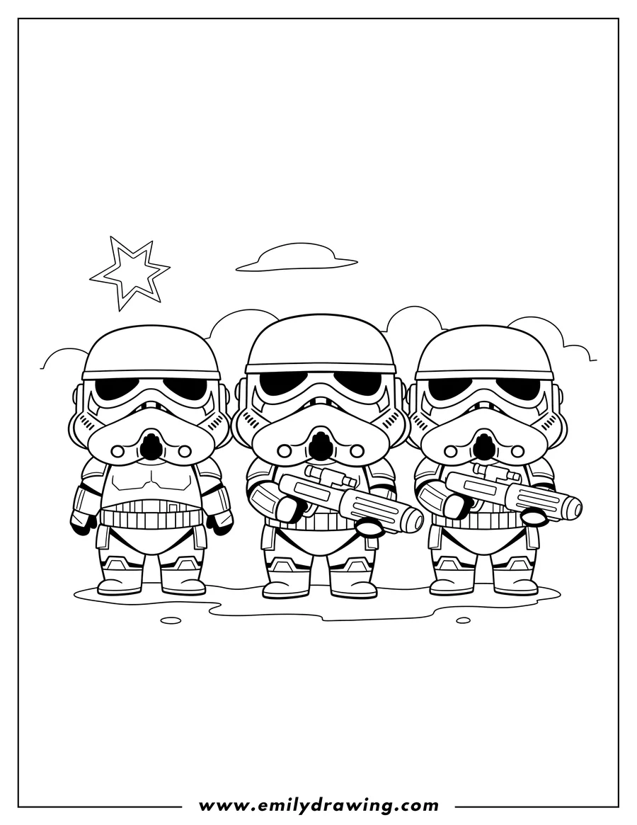Free printable coloring sheet of kawaii Chibi Stormtrooper Preschoolers standing, holding a blaster