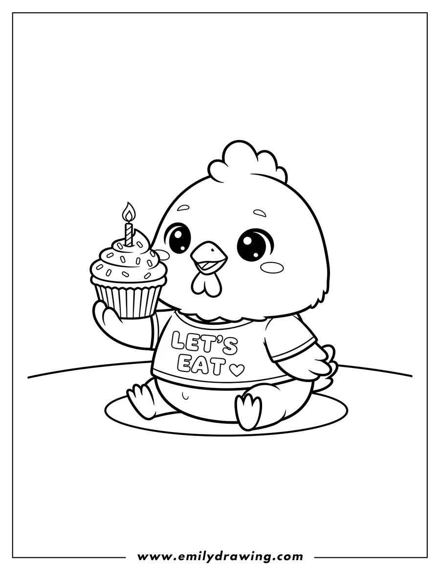 High quality printable kawaii Chica sitting, holding a cupcake with a candle, and wearing a LET'S EAT shirt for coloring