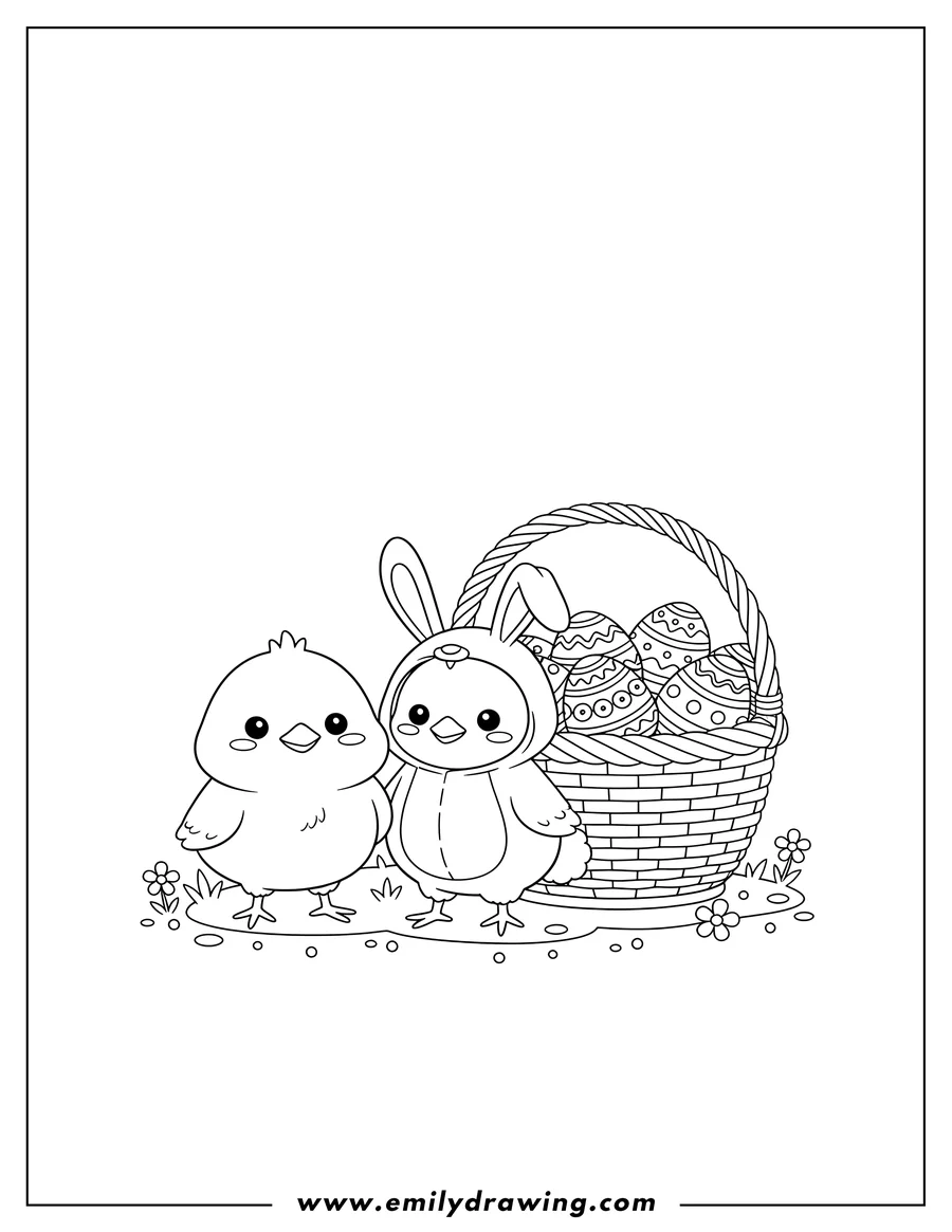 Free printable coloring sheet of kawaii chick and a chick in a bunny costume standing next to an Easter egg basket