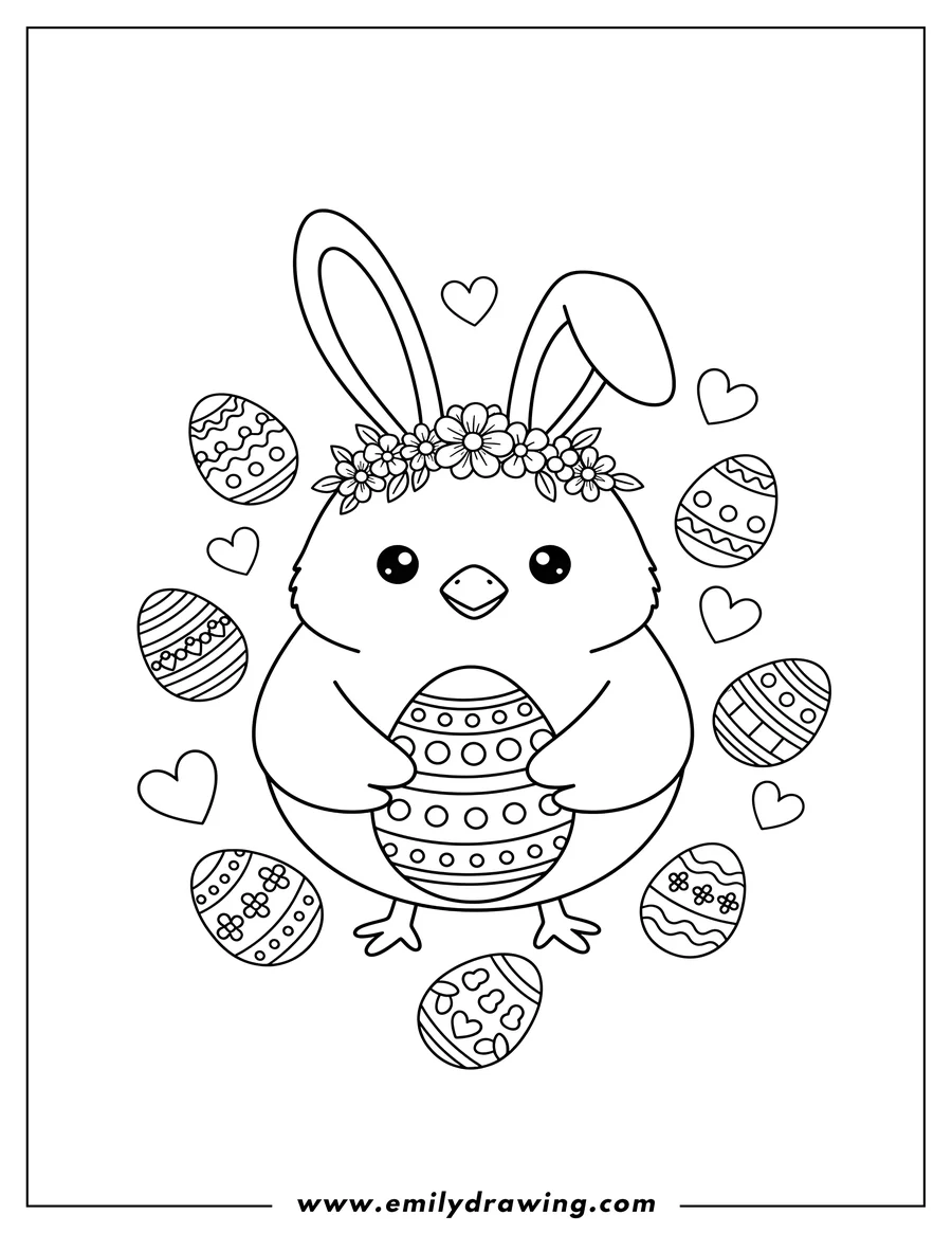 Coloring sheet featuring kawaii Chick Holding Easter Egg, wearing bunny ears and a floral crown, surrounded by Easter eggs and hearts, for preschoolers