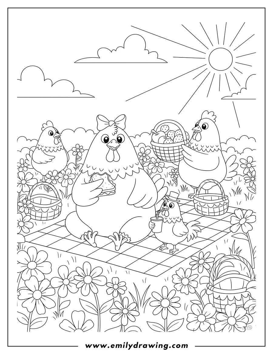Coloring sheet featuring chickens having a picnic on a checkered blanket, eating snacks, in a flower field with baskets