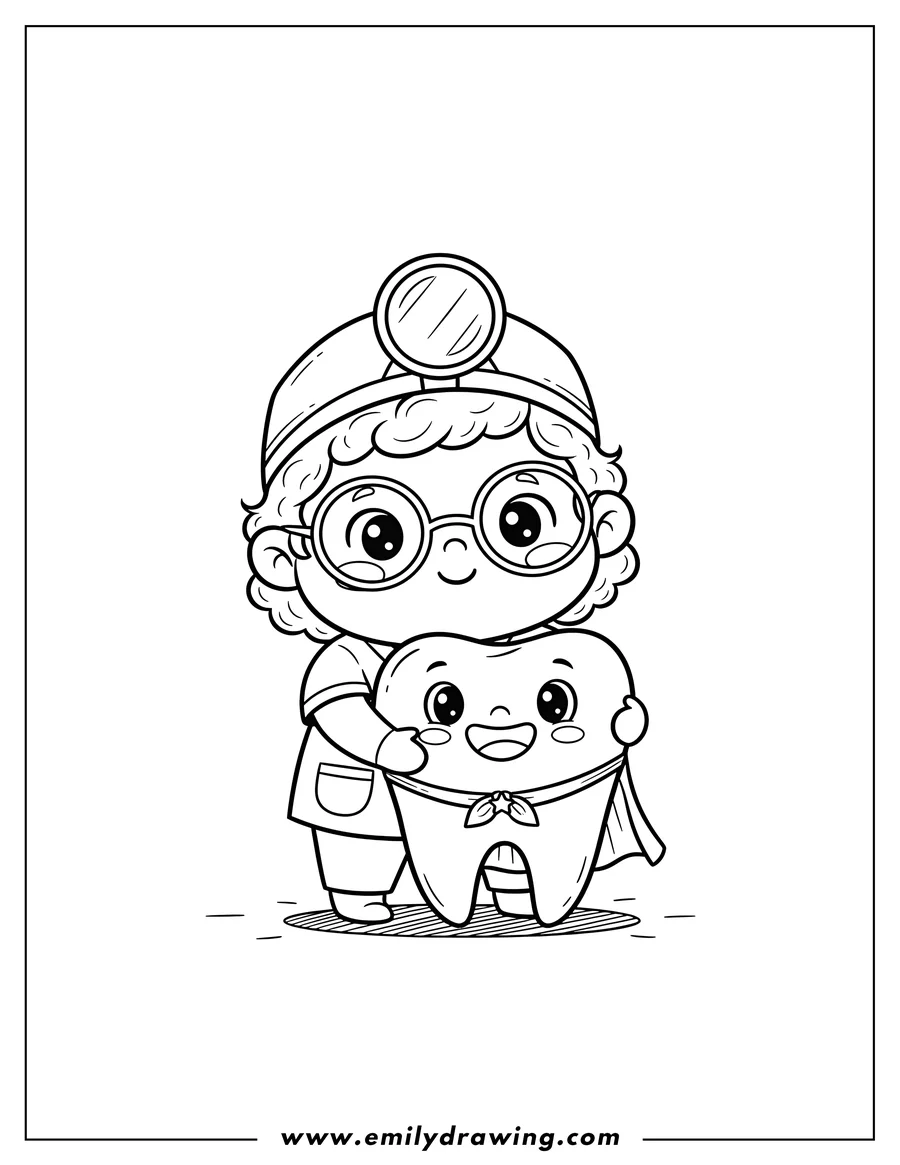 Simple sketch of kawaii child-like dentist with a head mirror hugging a happy tooth to color