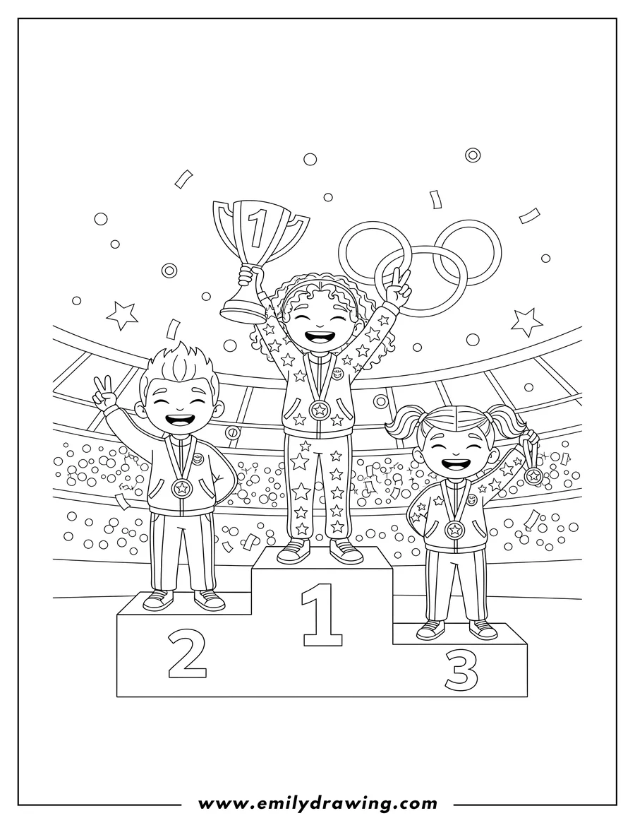 Coloring page of children Olympic Medalists On Tri Level Podium celebrating with a trophy