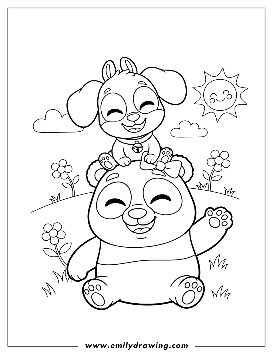 Full page coloring image of chip & Potatoes with Chip sitting on Potato's head, both smiling happily