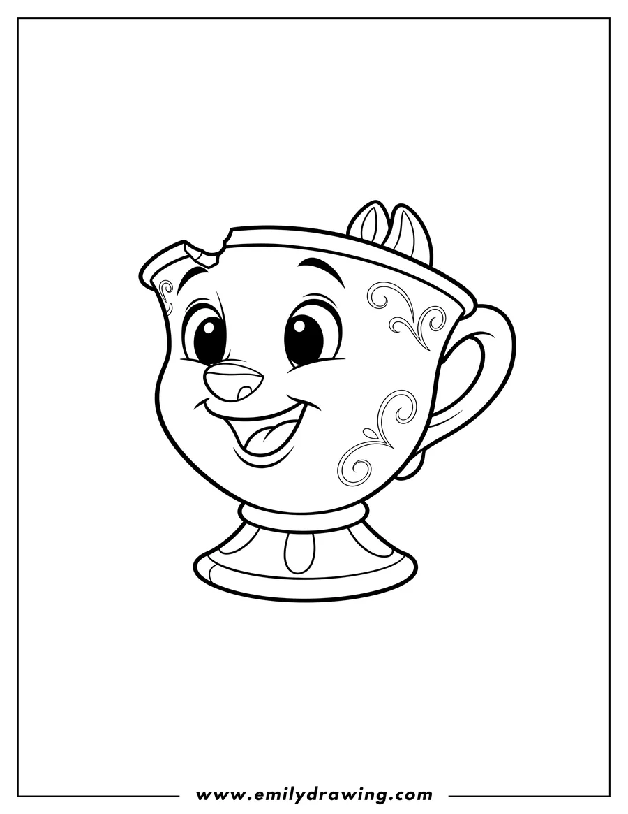 Doodle style coloring picture of kawaii Chip teacup from Beauty and the Beast, smiling and looking up with a chipped rim, for preschoolers