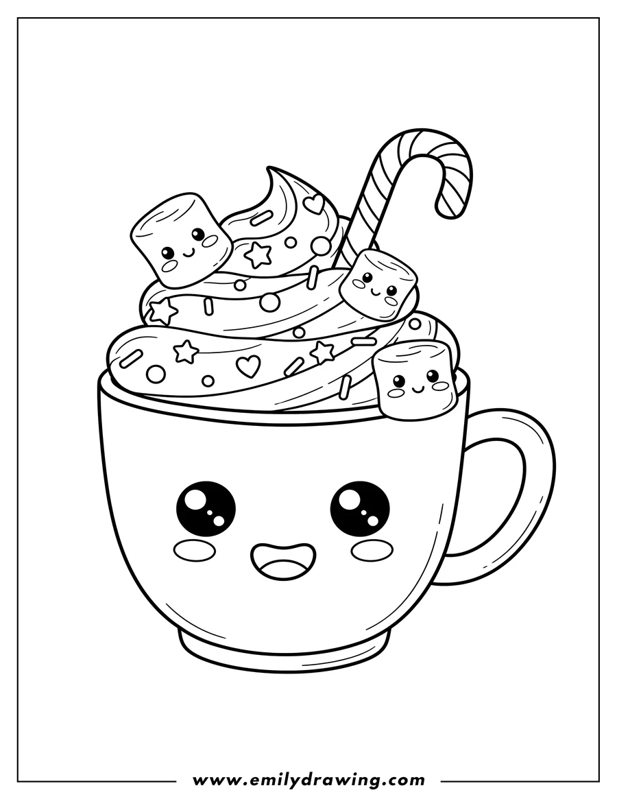 Clean line drawing: kawaii Chocolate Frappe in a cute mug with Sprinkles, a Candy Cane, and Smiling Marshmallows
