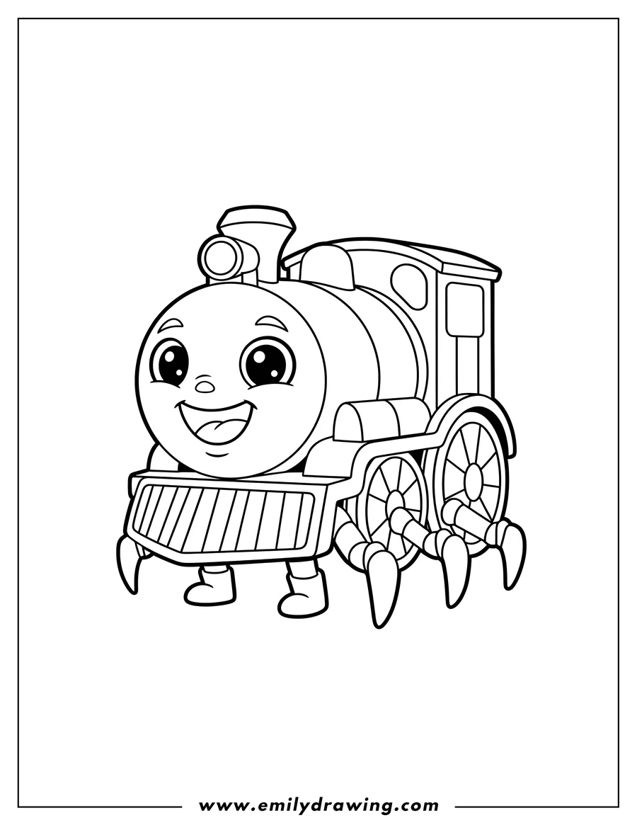 Full page coloring image of kawaii Choo Choo Charles smiling with small legs