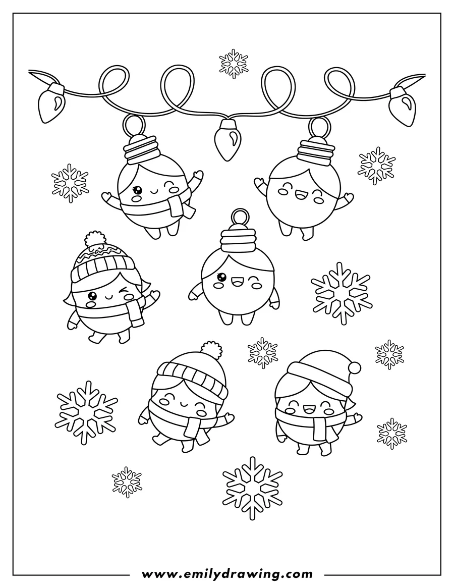 Free to print drawing of kawaii Christmas Bulbs Preschoolers hanging with happy and winking faces, and falling snow