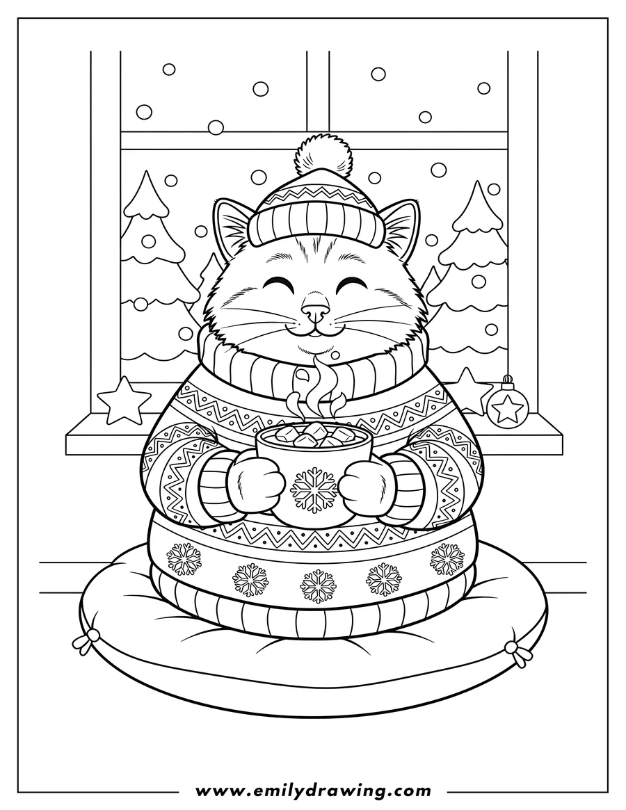 Doodle style coloring picture of christmas Cat in Cozy Sweater and Winter Hat Sipping Steaming Hot Cocoa with Marshmallows By Window