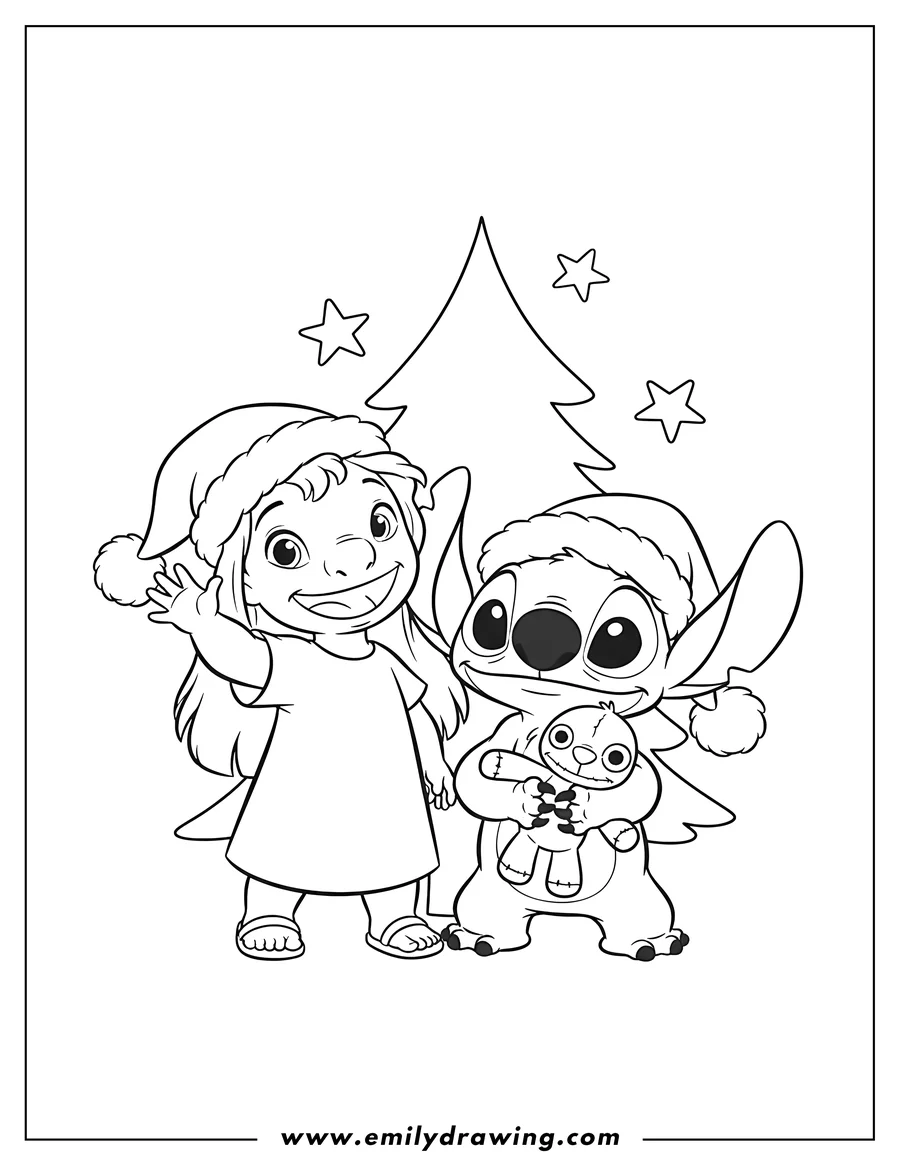 Linear illustration of christmas Lilo and Stitch in Santa hats, with Lilo waving and Stitch holding Scrump