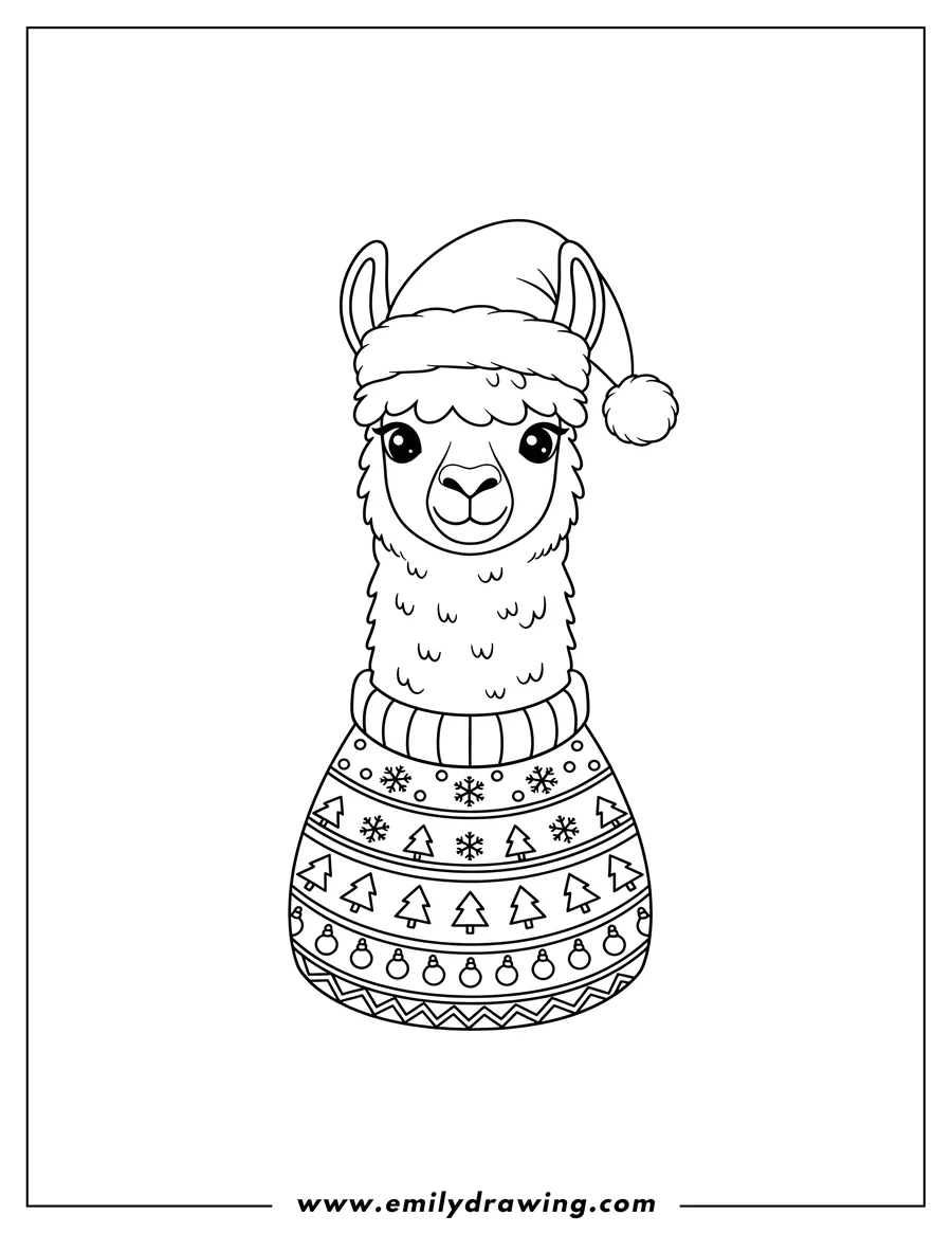 Coloring page of christmas Llama Sweater And Santa Hat with Christmas tree patterns, facing forward