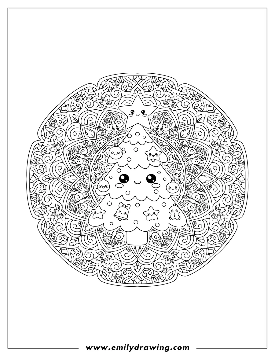 Outline drawing of kawaii Christmas Tree decorated with ornaments and dots, topped with a Large Star, contained within an ornate symmetrical mandala design