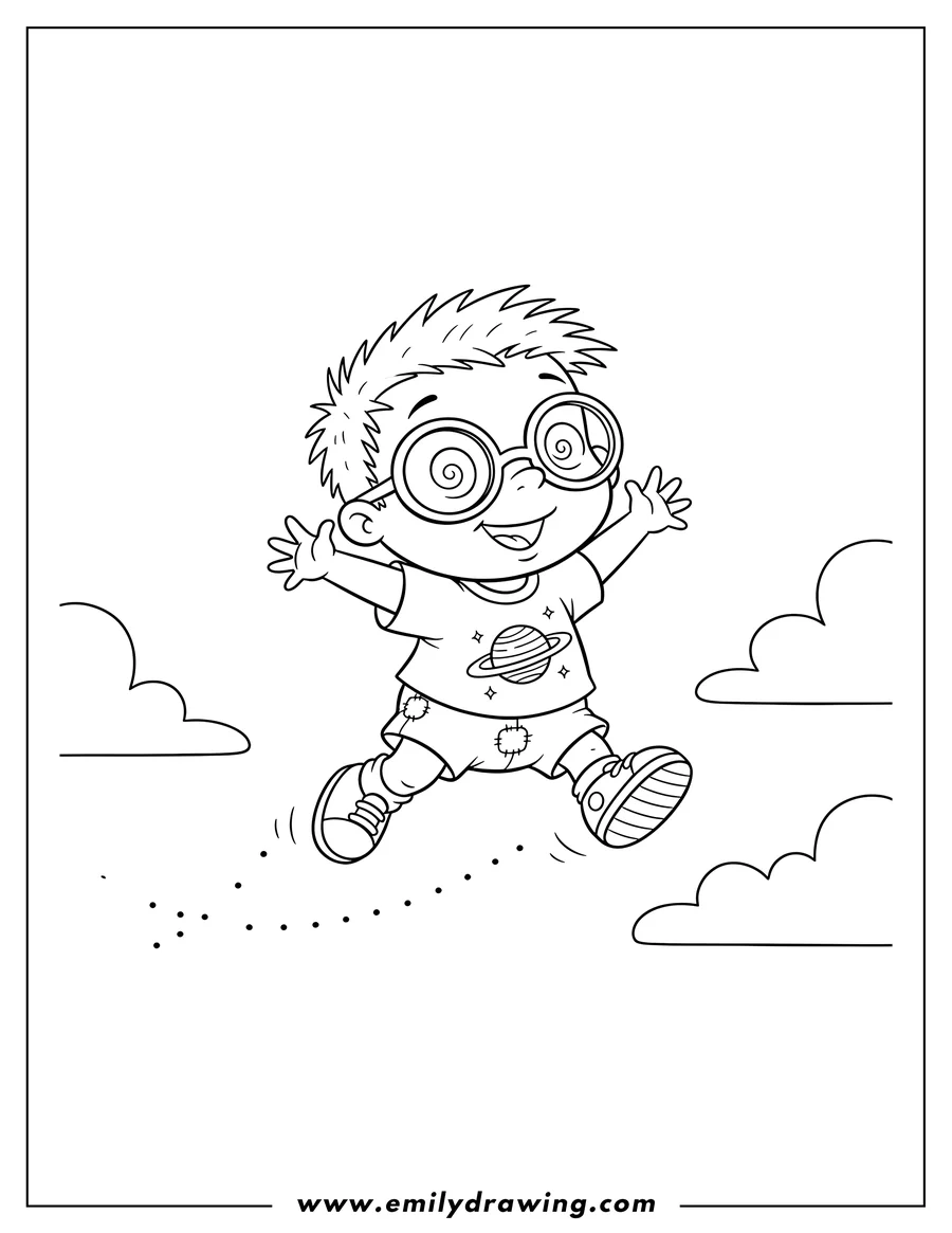 Full page coloring image of kawaii Chuckie Finster jumping, wearing his glasses and a shirt with a planet
