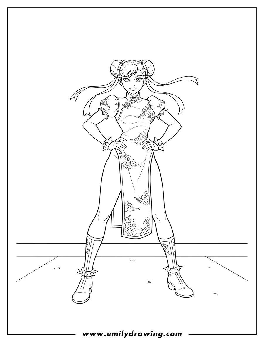 Clean line drawing: pretty Chun Li standing with her hands on her hips