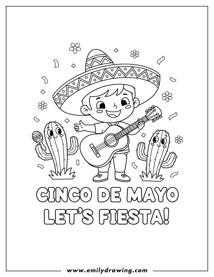 Outline drawing of cinco De Mayo Let S Fiesta with a sombrero, guitar, and cacti