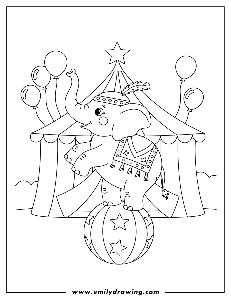 Printable coloring page of circus Elephant balancing on a ball on its hind legs with its trunk raised