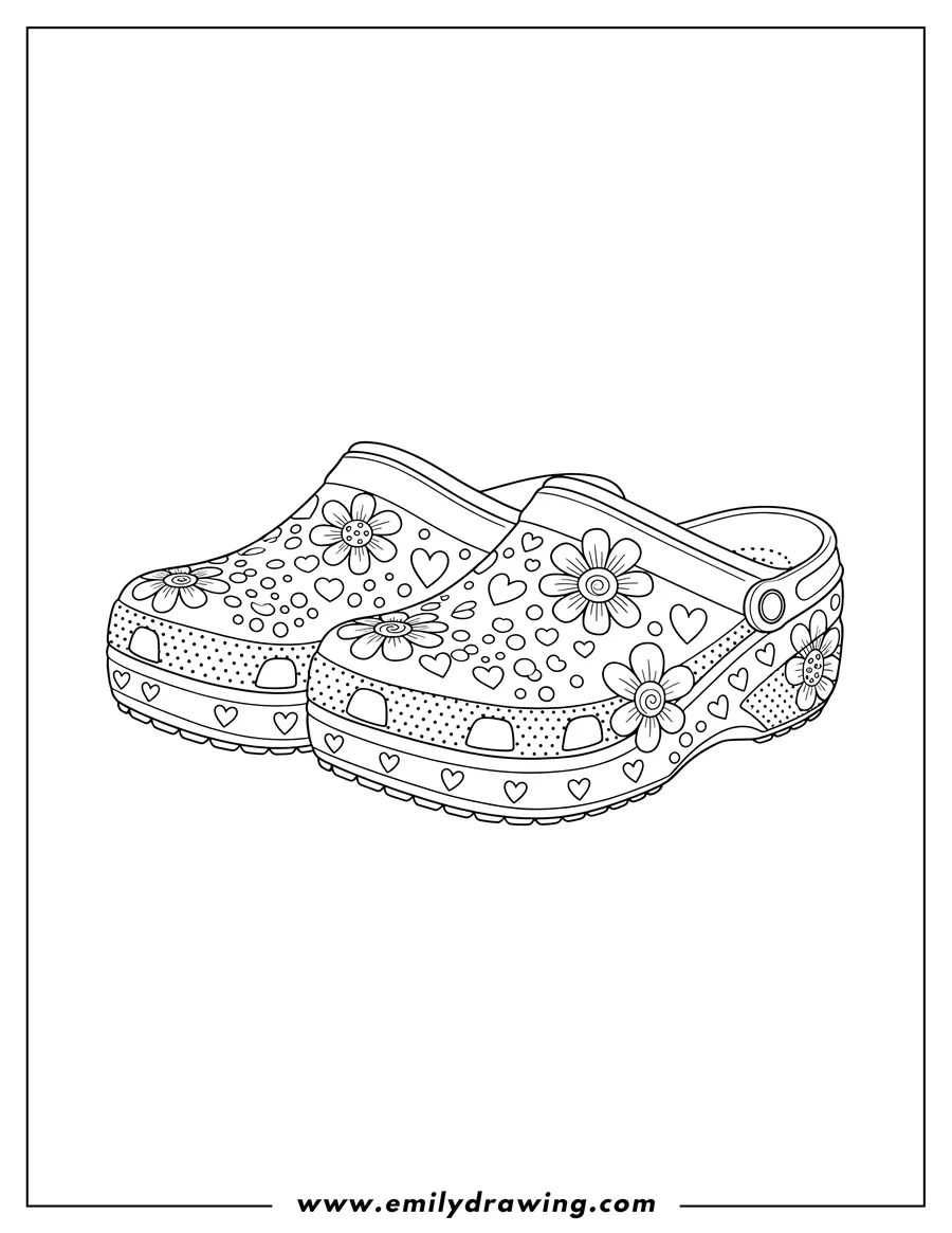 Free printable coloring sheet of two Crocs Classic Bae Clogs, decorated with flowers, hearts, and dots