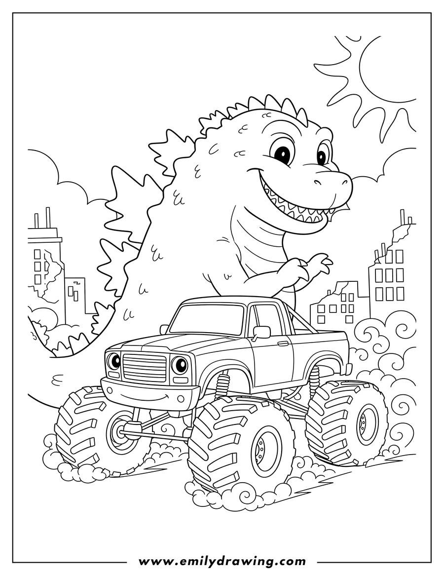 Black and white line art of classic Monster Truck Driving Away From a Towering, Grinning Godzilla