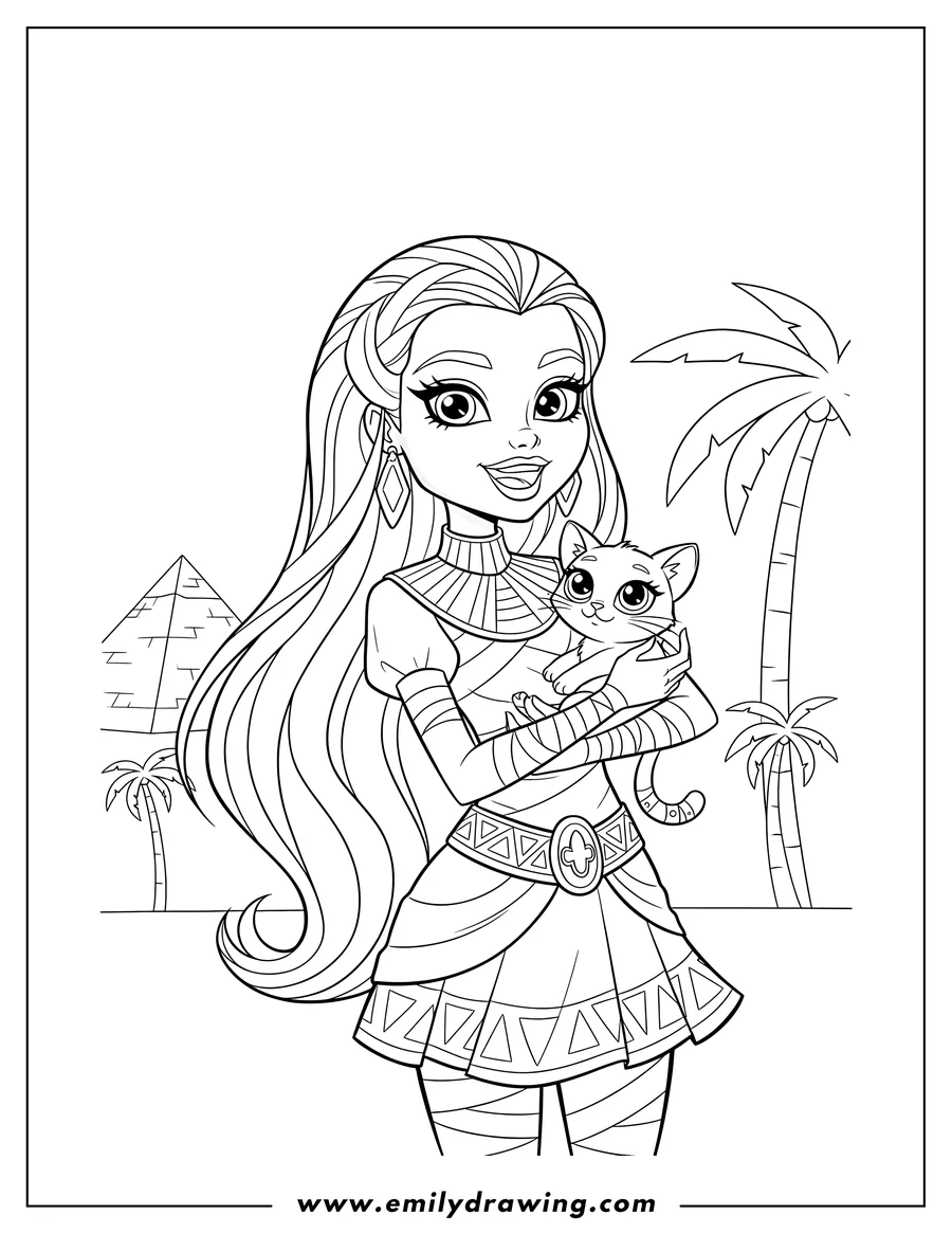 Clean line drawing: cleo De Nile smiling and holding her pet cat