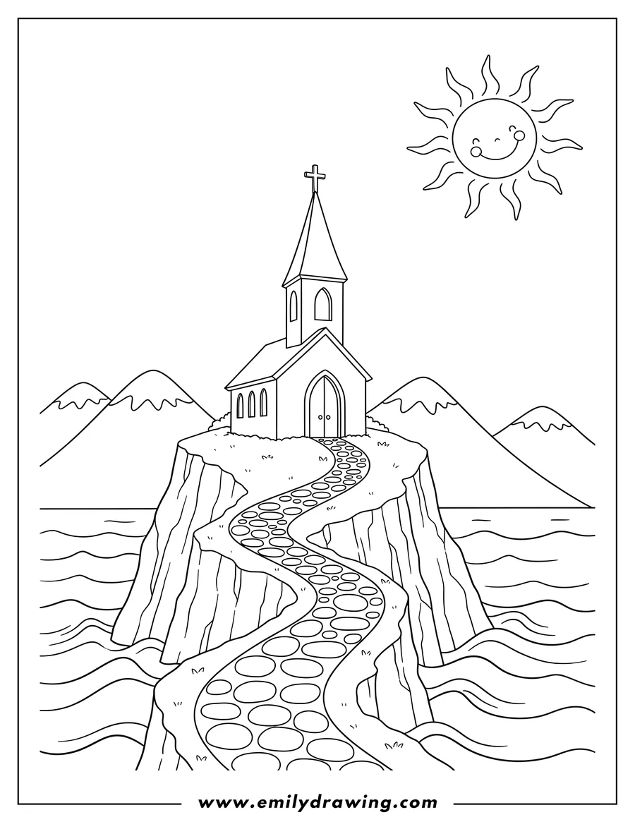 Clean line drawing: cliffside Church with a steeple and winding path, overlooking mountains and a wavy ocean