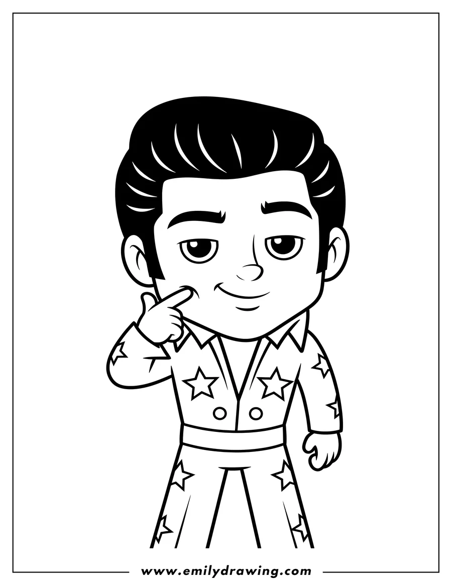 Outline drawing of easy Close Up Elvis Presley, pointing finger at his cheek with a playful smirk