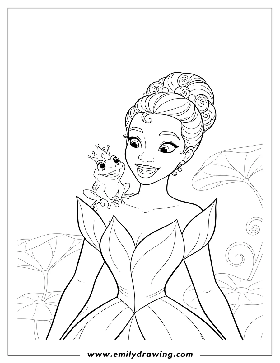 Coloring page of close Up Princess Tiana smiling with frog Prince Naveen smiling on her shoulder
